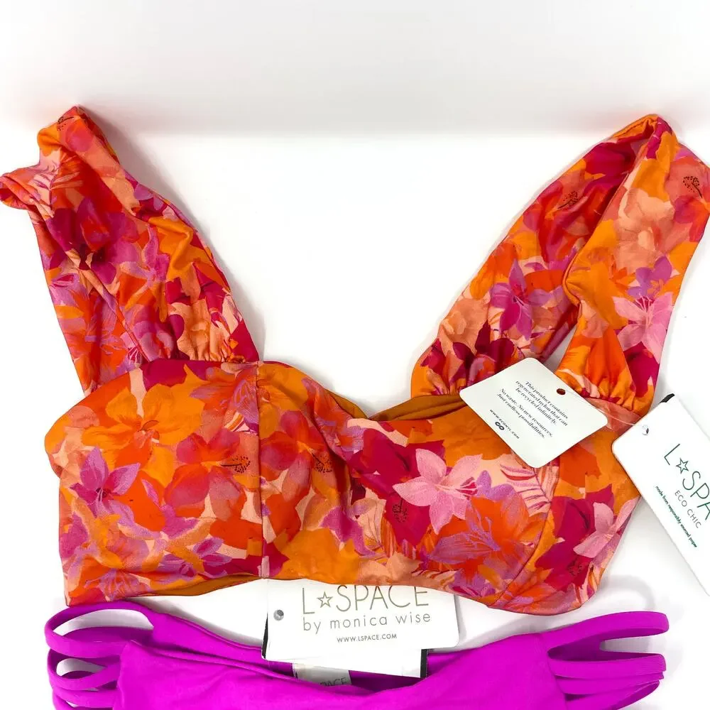 L*SPACE Floral Gizelle Harrington Bikini Set Into The Tropics Bright Fuchsia New